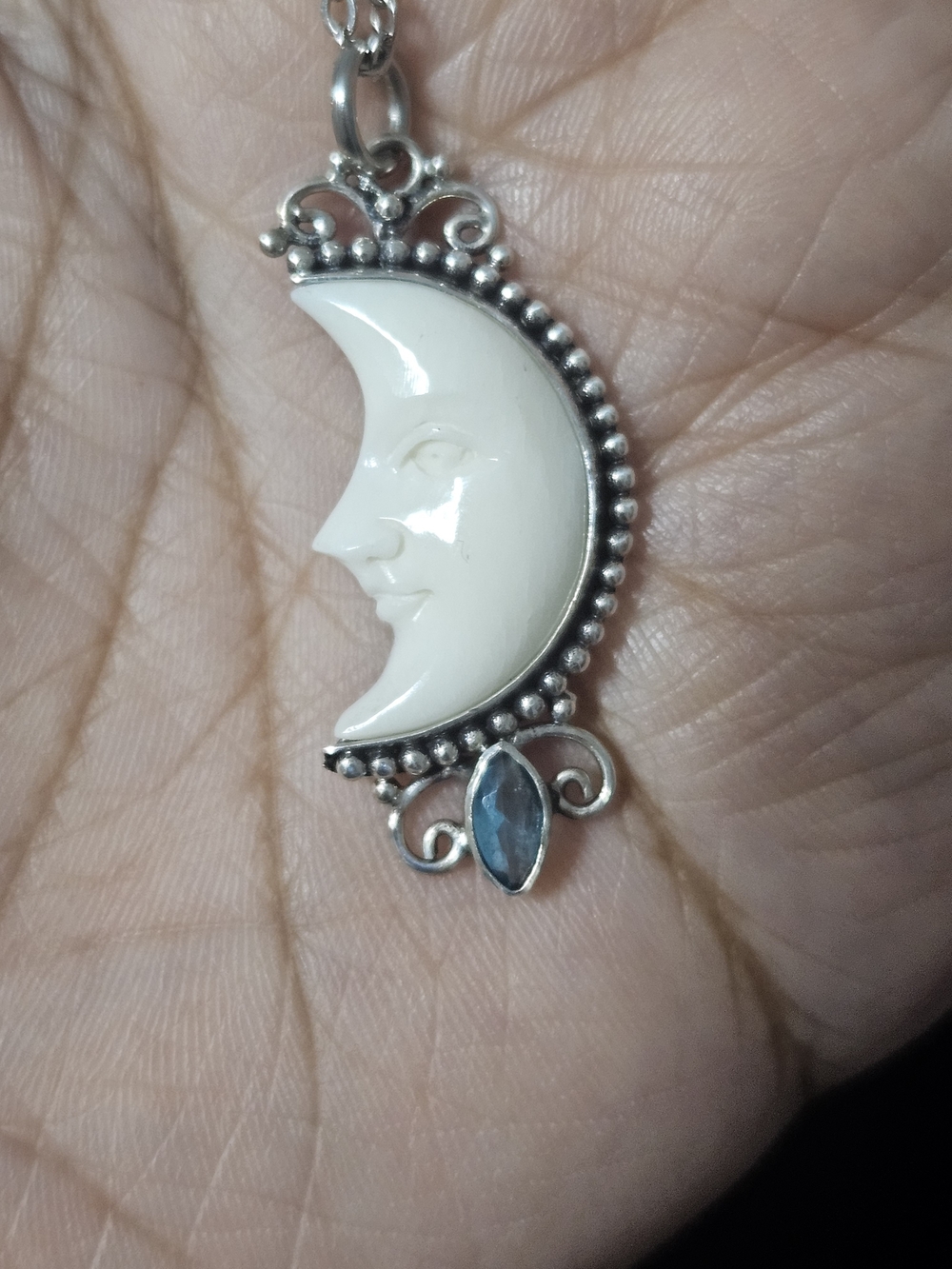 925S Crescent Moon Pendant Necklace in White and Silver with Blue Topaz Stone